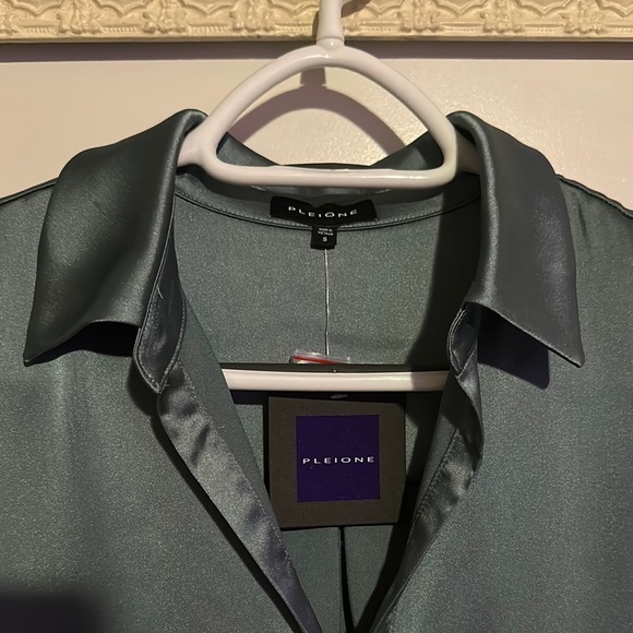 PLEIONE | Anthropologie Dusty Blue Long Sleeve Polo Satin Blouse - Picture 5 of 13